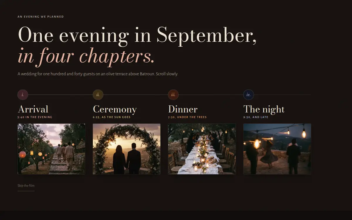 The Ardelle website on a desktop screen: one evening in four chapters, each with its hour and a picture.