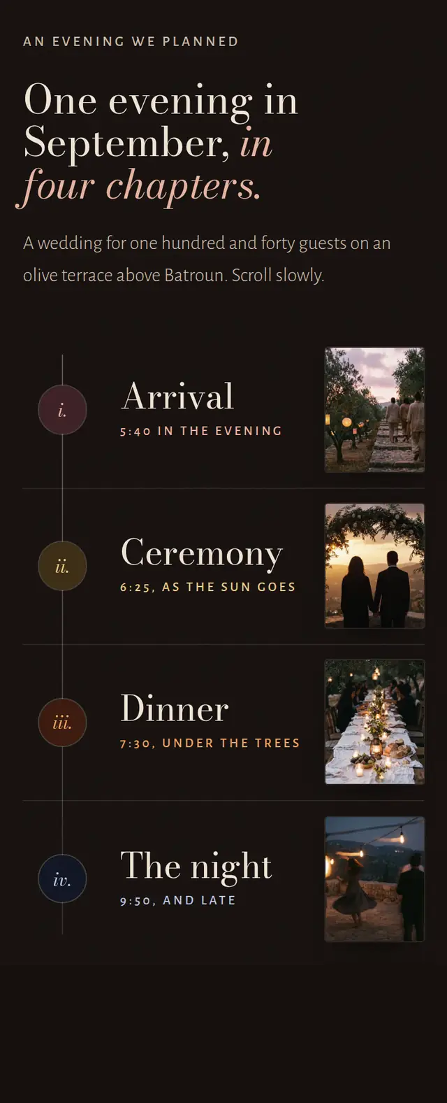 The Ardelle website on a phone: one evening in four chapters, Arrival, Ceremony, Dinner and The night, each with its hour and a small picture, on one rail.