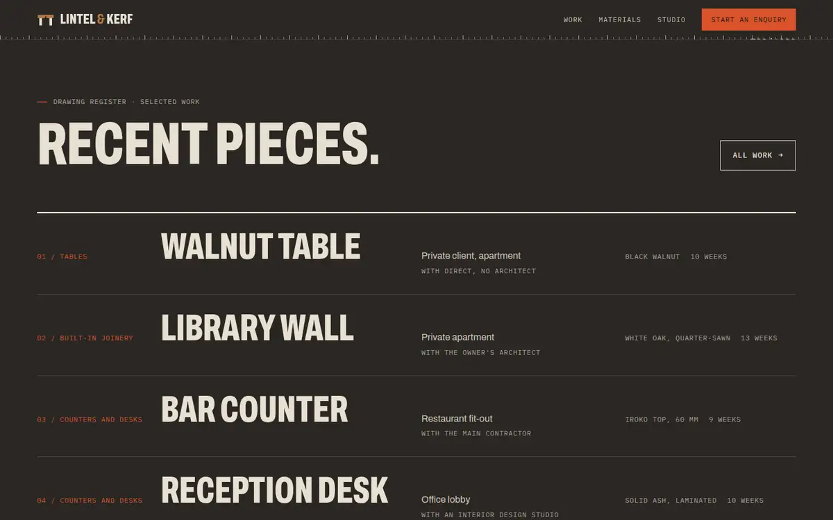 The Lintel & Kerf website on a desktop screen: its list of recent pieces.