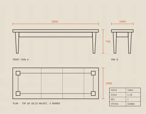 Detail: a shop drawing of a walnut table, drawn on the site like a workshop sheet.