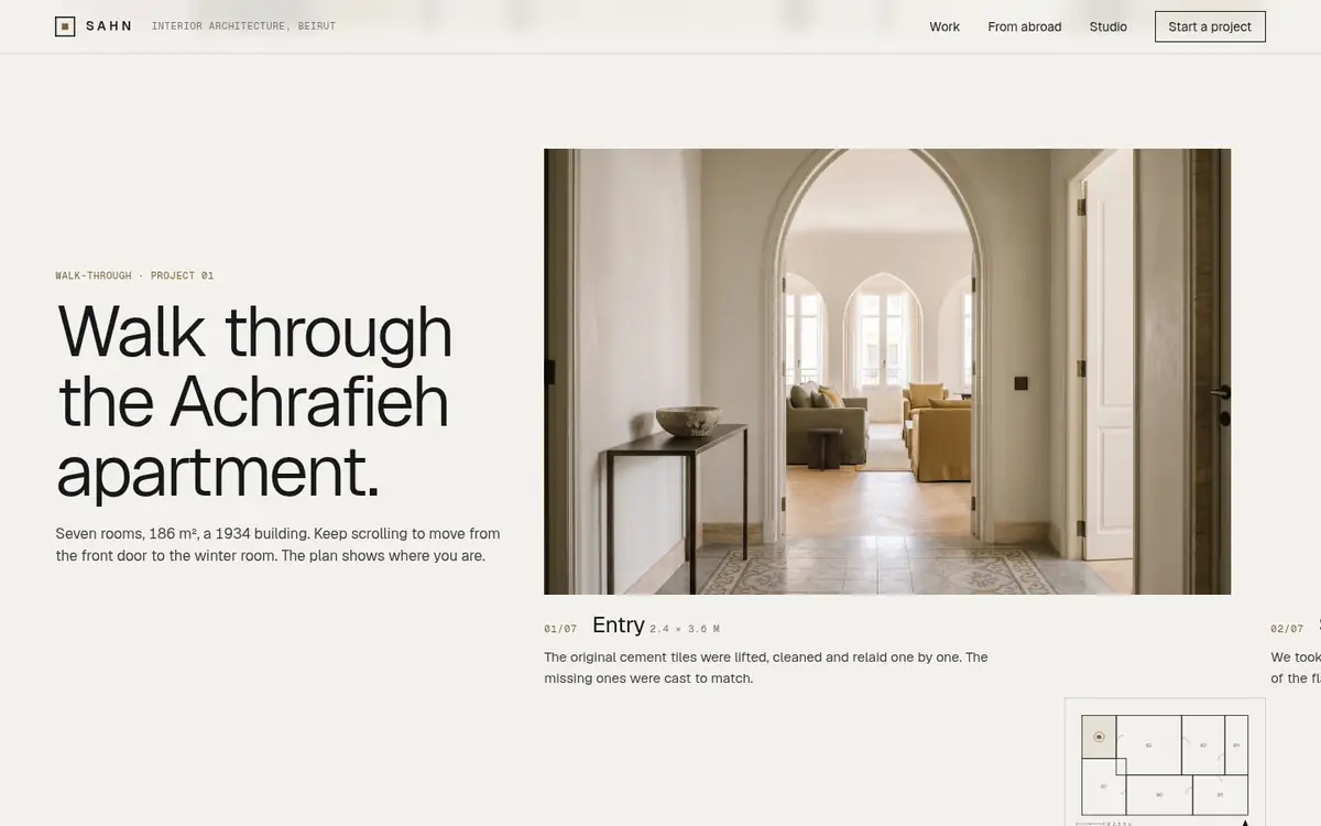 The Sahn website on a desktop screen: the walk through the Achrafieh apartment.