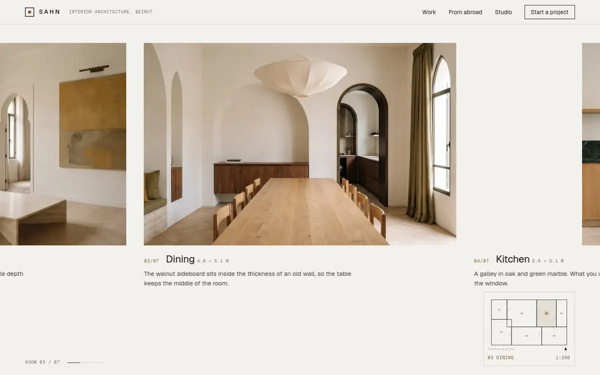 The Sahn website on a desktop screen: the dining room in its walk-through.