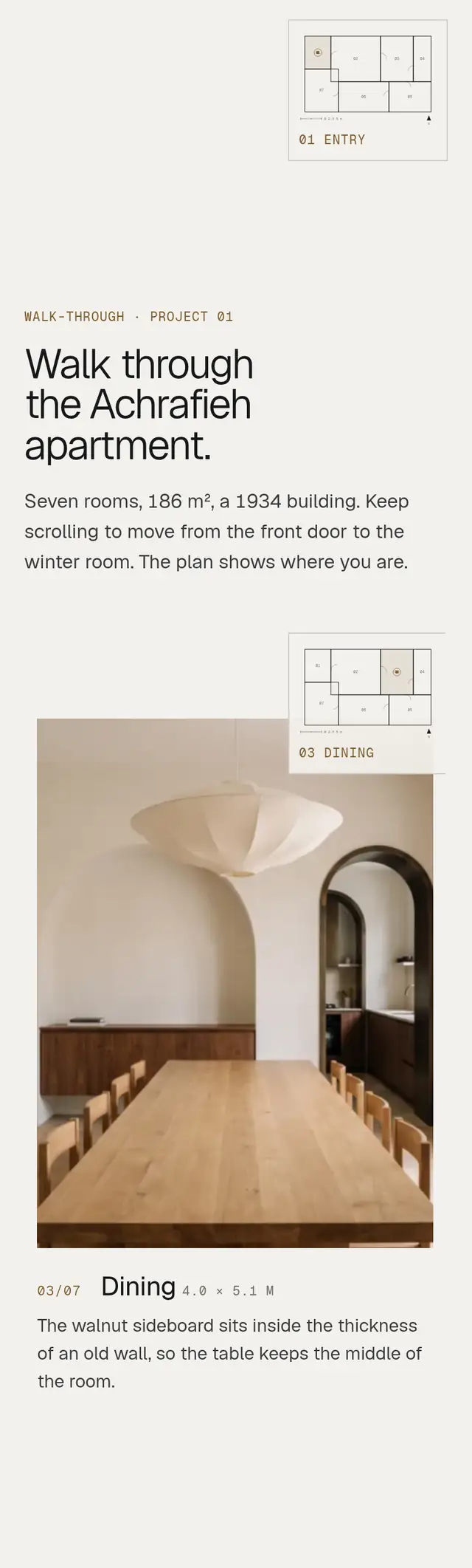 The Sahn website on a phone: the walk through the Achrafieh apartment, then the dining room with its plan.