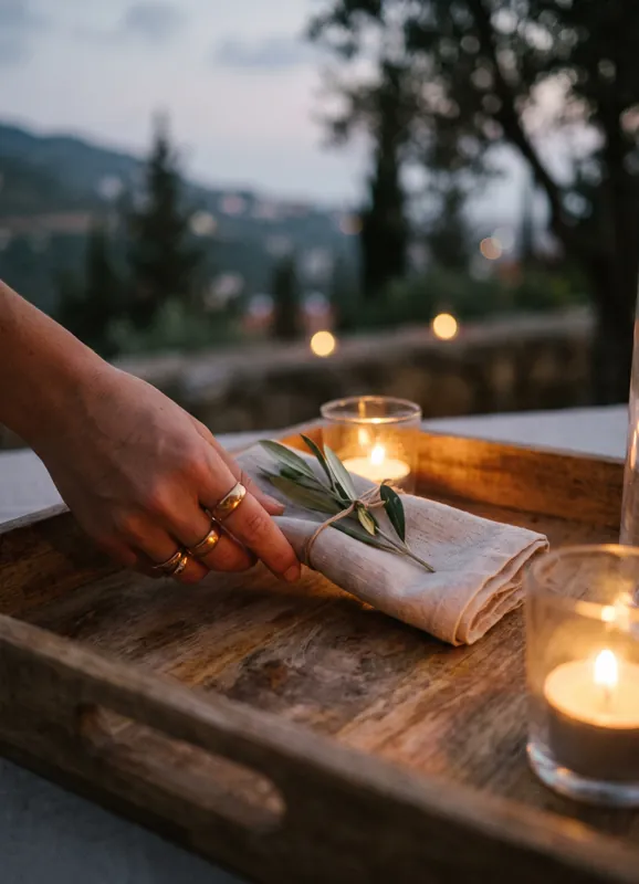 A hand taking a linen napkin tied with an olive sprig from a wooden tray, candle beside it.