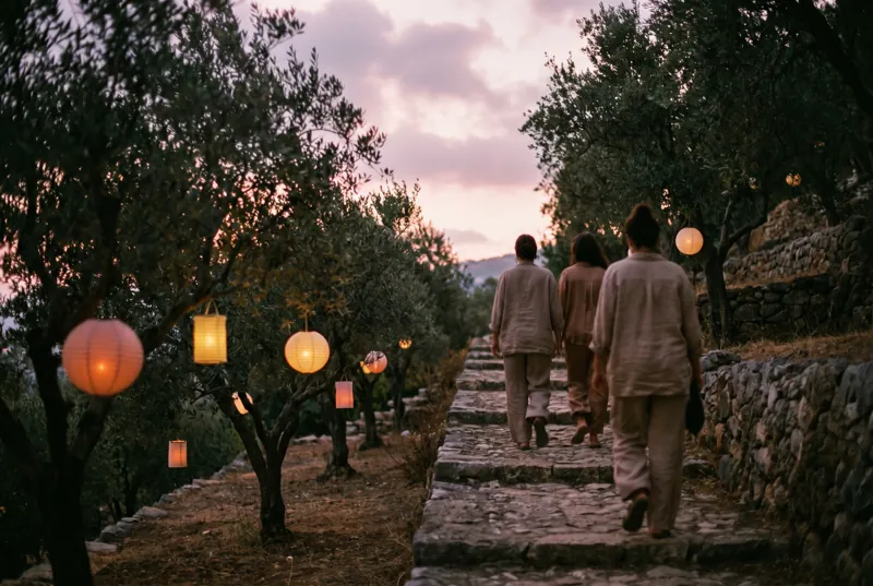 Guests walking up a lantern-lit path through olive trees.