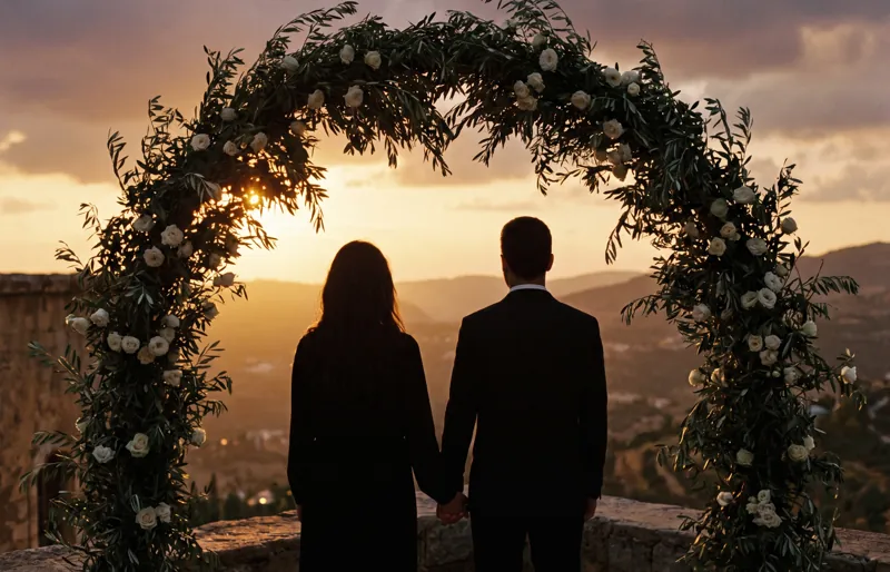 The ceremony arch of olive branches at sunset.