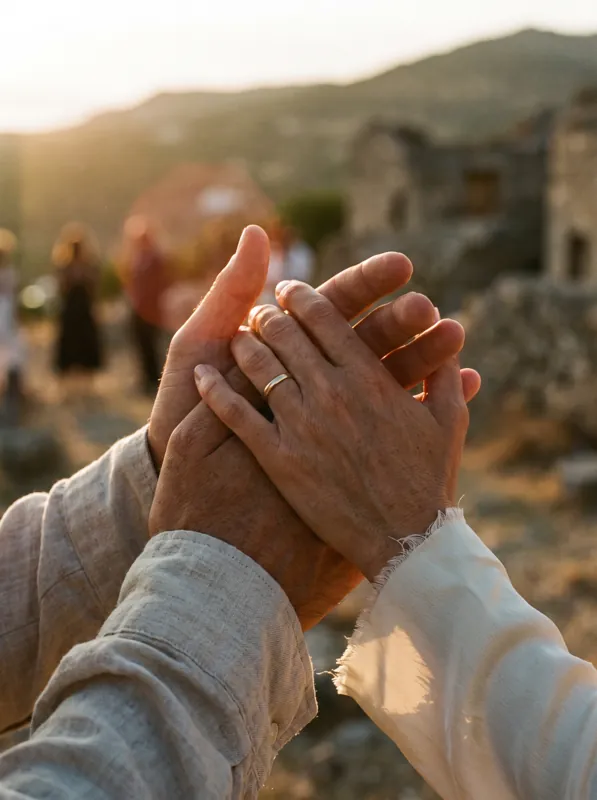 Two hands holding each other, a thin gold ring, a linen cuff and an ivory silk sleeve in sunset light.