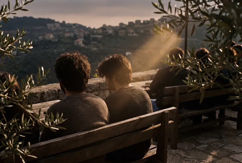 Guests on wooden benches seen from the back row, pollen floating in low golden light.