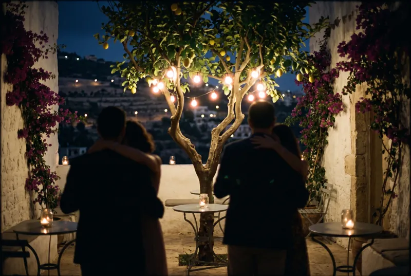 Couples dancing slowly in a whitewashed courtyard under a lemon tree hung with small bulbs.
