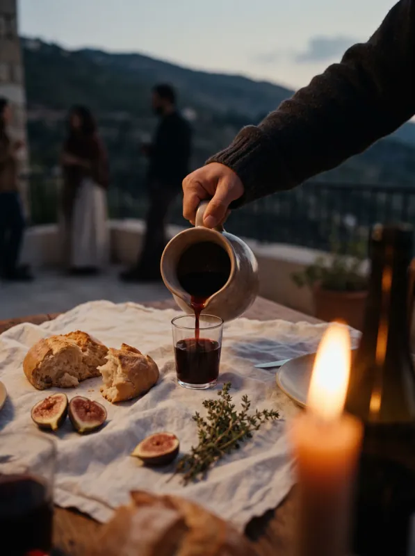 A hand pouring red wine beside torn bread, halved figs and thyme on white linen, a candle in front.