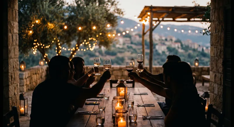 Silhouettes of guests raising glasses at the candlelit table under string lights.
