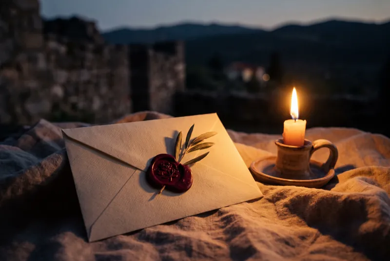 A cream envelope sealed with dark red wax and an olive sprig on linen beside a candle.