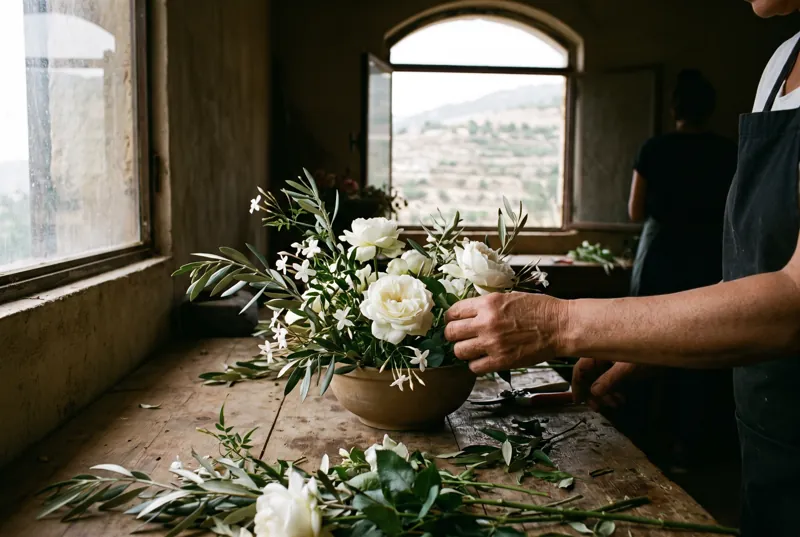 Hands arranging white garden roses, jasmine and olive branches into a low ceramic vessel in a workroom.