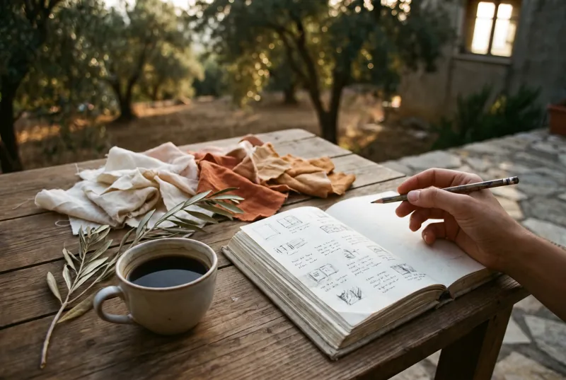 A planner's worktable from above: an open notebook with small sketches, fabric swatches in ivory and rust, an olive branch and a cup of coffee.