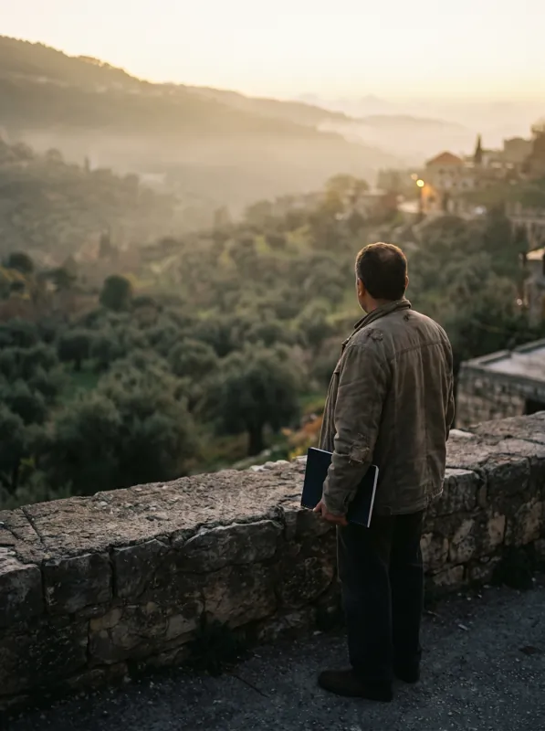 A person seen from behind on an empty stone terrace in the early morning, a notebook under one arm, looking over the olive groves.