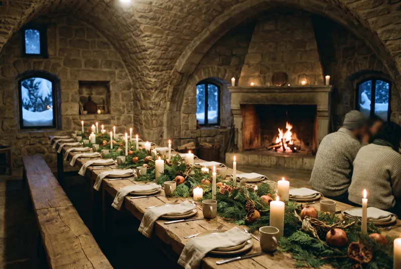 A vaulted stone room set for a winter supper, a long table with cedar branches and candles, fire burning at the far end.