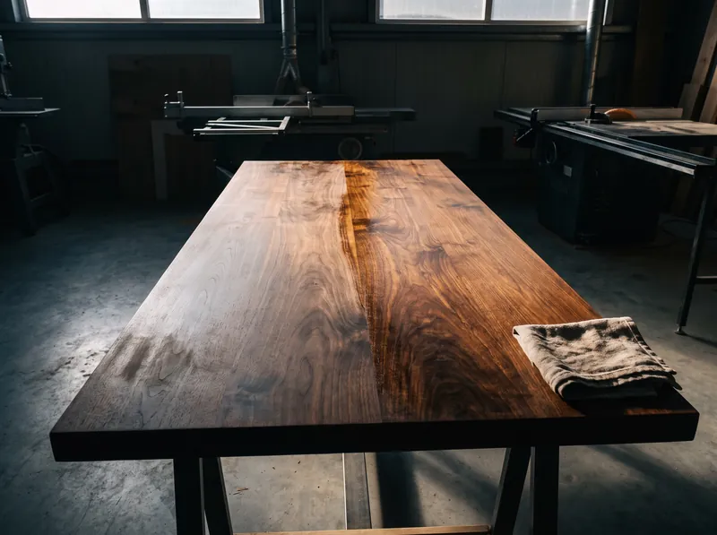 Oil being wiped across the walnut top in raking light.