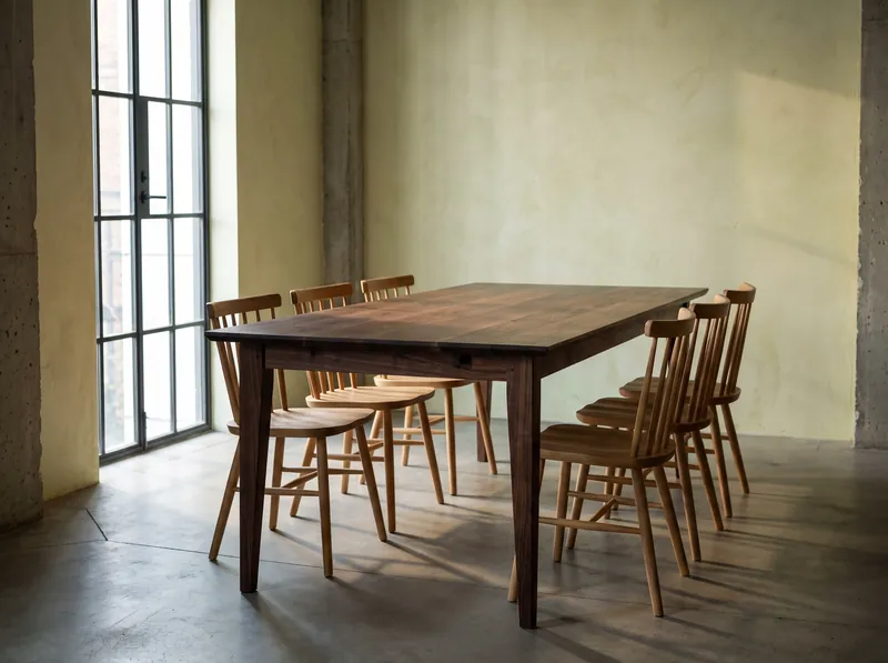 The finished walnut table in the apartment dining room.