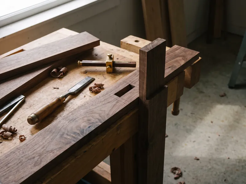 A dry-fitted walnut mortise and tenon joint on the bench, chisel and marking gauge beside it.