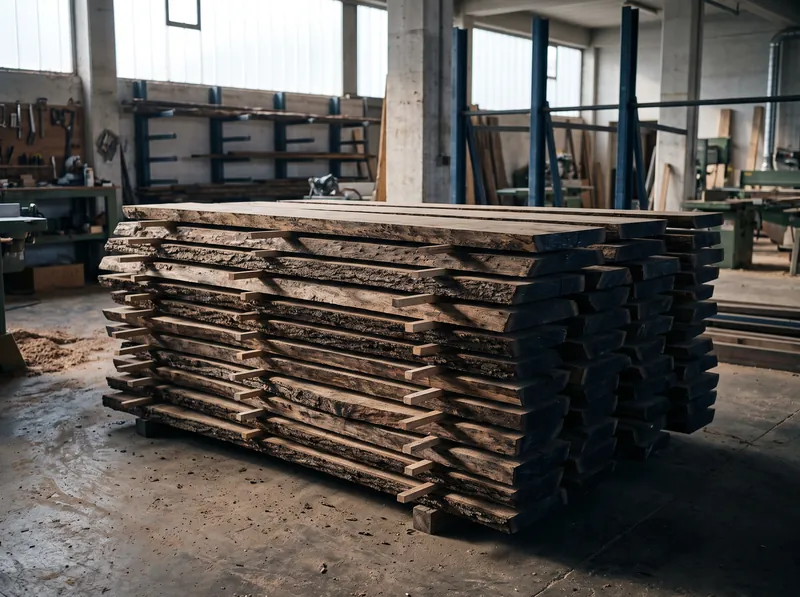 Rough-sawn walnut boards stacked with spacer sticks in the timber store.