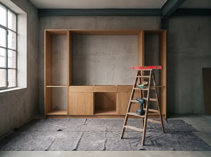 An oak cabinet part-installed in an empty room, floor protected, a level resting on a step.