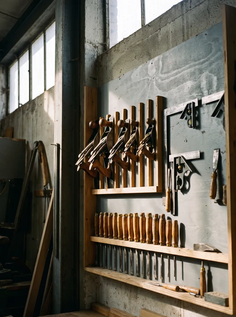Hand planes and chisels hung in their places on the workshop wall.